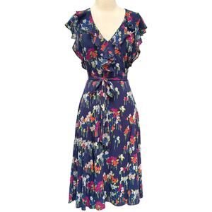 Ralph Lauren Floral Belted Crinkle Georgette Dress size 10 medium blue romantic